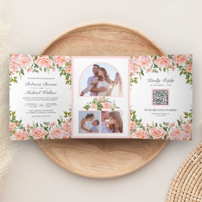 Rustikales Blush Pink Floral QR Code Hochzeit Dreifach Gefaltete Einladung (Von Creator hochgeladen)