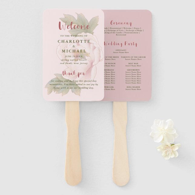 Rustikales Blush Pink Floral Wedding Programm Hand Fächer (Vorne und Hinten)