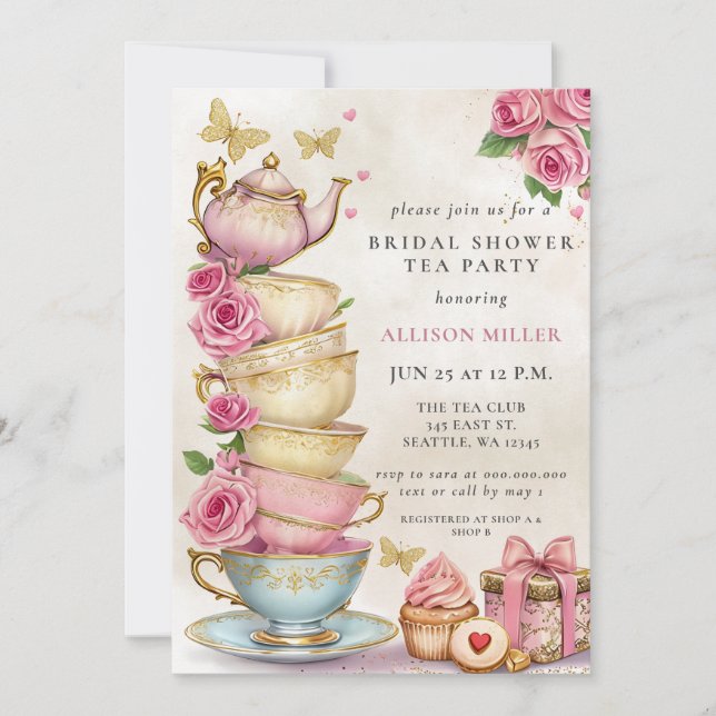 Rustikales Blush Rose Gold Tee Party Brautparty Einladung (Vorderseite)