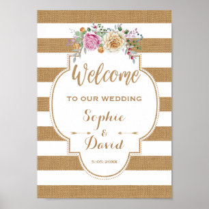 Rustikales Blütenburlap Stripes Wedding WELCOME SI Poster