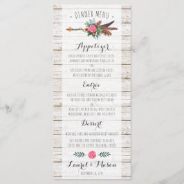 Rustikales Bohemisch Feathers Arrow Wedding Dinner Menükarte