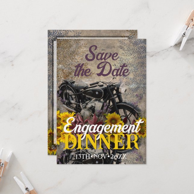 Rustikales Bohemisches Sonnenblumen Motorrad Abend Einladung (Vorderseite/Rückseite Beispiel)