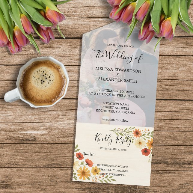 Rustikales bohfarbenes Foto Hochzeit All In One Einladung (Rustic boho watercolor floral photo wedding all in one invitation. Invitation and RSVP.)