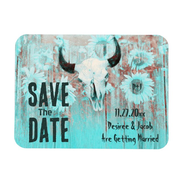 Rustikales Boho Aquamarin Sonnenblumen Western Kuh Magnet (Horizontal)