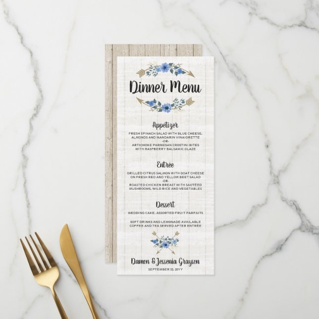 Rustikales Boho Arrows & Floral Wedding Dinner Men Menükarte (Vorderseite/Rückseite Beispiel)