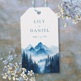 Rustikales Boho Blue Watercolor Mountains Hochzeit Geschenkanhänger