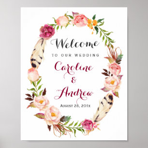 Rustikales Boho Blumenreath Begrüßungszeichen Poster