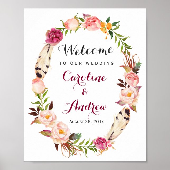 Rustikales Boho Blumenreath Begrüßungszeichen Poster (Vorne)