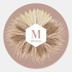 Rustikales Boho Bohemisch Pampas Grass Monogram Runder Aufkleber