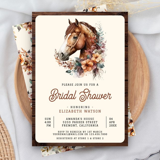 Rustikales Boho Brown Floral Horse Brautparty Einladung (Von Creator hochgeladen)