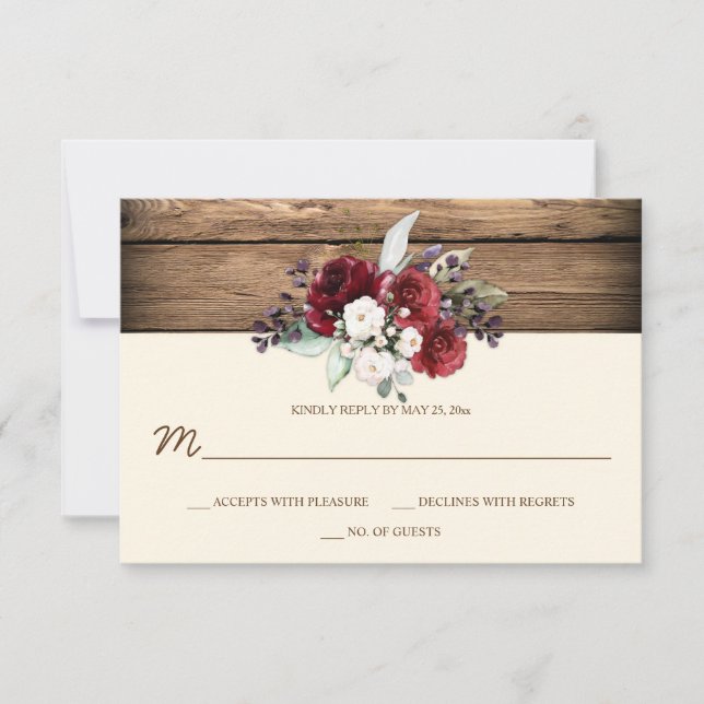 Rustikales Boho Burgundy & White Roses Barn Wood RSVP Karte (Vorderseite)