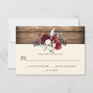 Rustikales Boho Burgundy & White Roses Barn Wood RSVP Karte