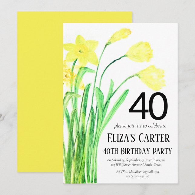 Rustikales Boho Daffodil 40. Floral Elegant Geburt Einladung (Vorne/Hinten)