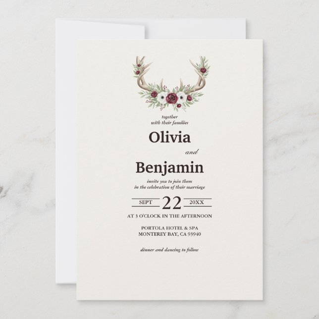 Rustikales Boho Deer Antlers Hochzeit Einladung (Vorderseite)