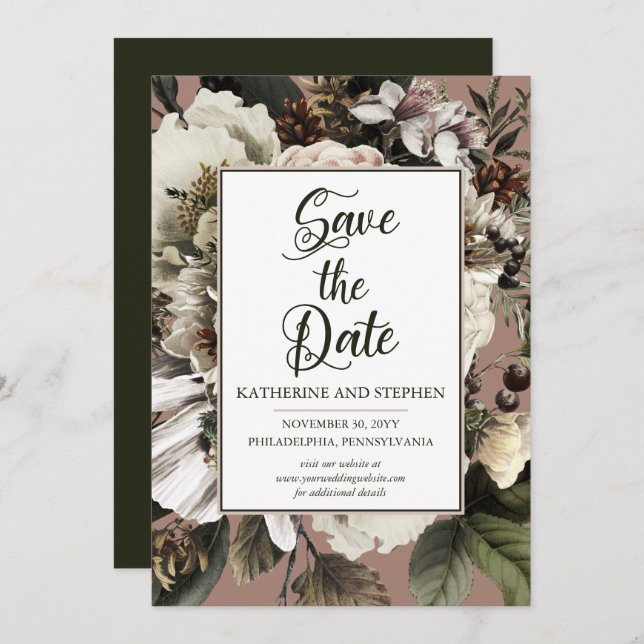Rustikales Boho Dusty Pink Floral Bouquet Save The Date (Vorne/Hinten)