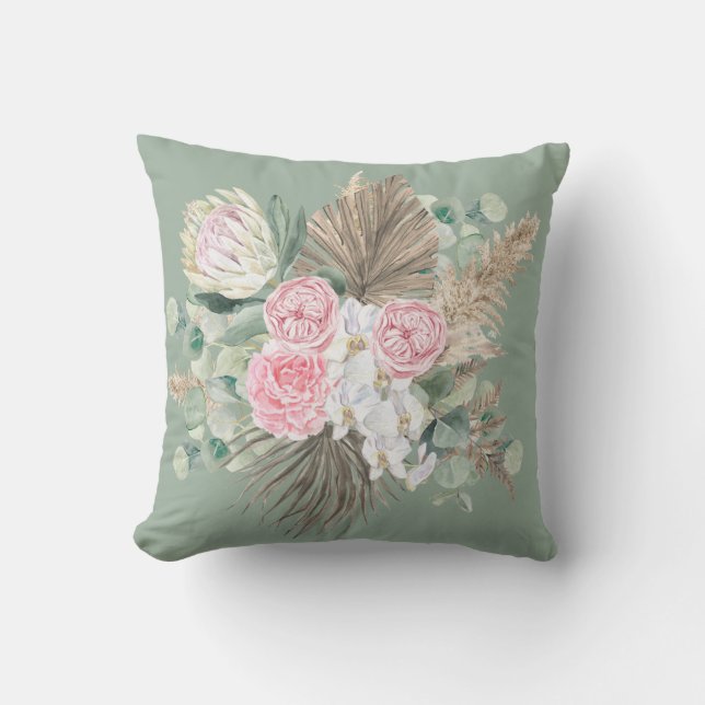Rustikales Boho Evergreen Pink Floral Pampas Grüne Kissen (Vorderseite)