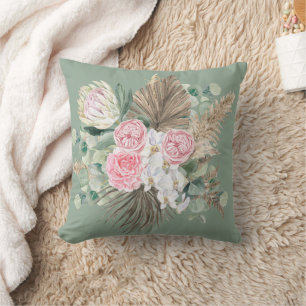 Rustikales Boho Evergreen Pink Floral Pampas Grüne Kissen