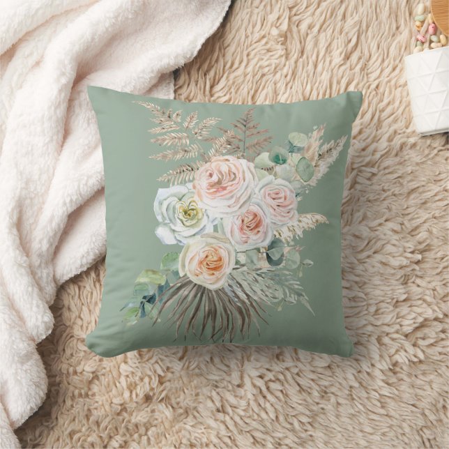 Rustikales Boho Evergreen Pink Floral Pampas Kissen (Decke)