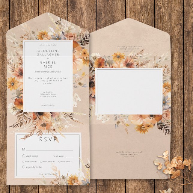 Rustikales Boho Fall Peach & Rust Floral Dinner All In One Einladung (Rustic Boho Fall Peach & Rust Floral Dinner All In One Invitation)