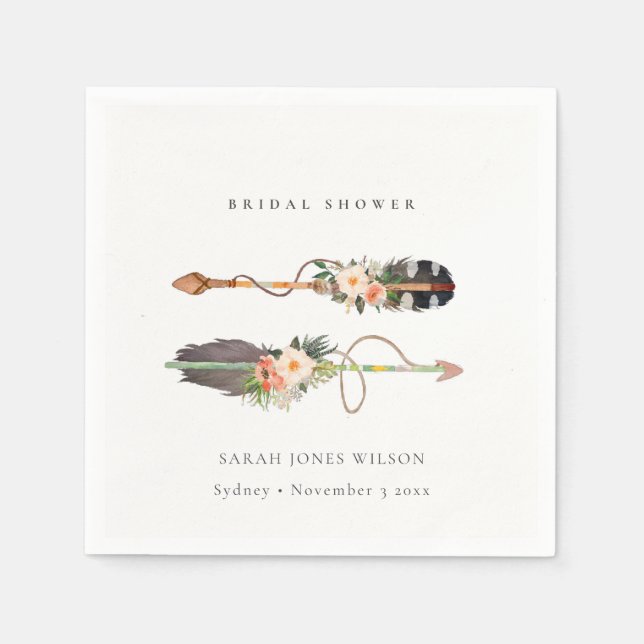 Rustikales Boho Feather Floral Arrow Brautparty Serviette (Vorderseite)