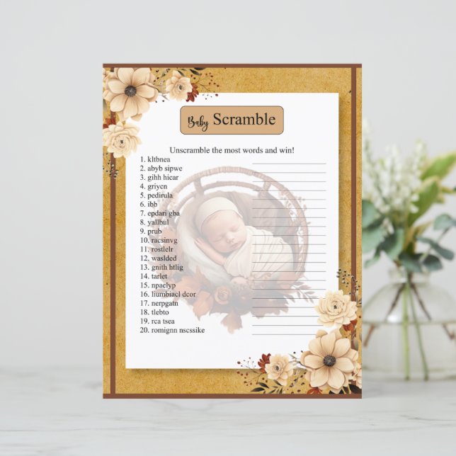 Rustikales Boho Floral Baby Dusche Word Scramble S (Stehend Vorderseite)