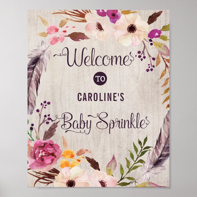 Rustikales Boho Floral Begrüßungszeichen Baby Spri Poster (Vorne)