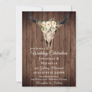 Rustikales Boho Floral Cow Skull auf Barnwood Wedd Einladung