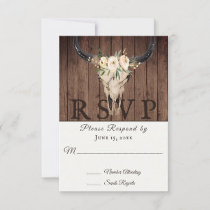 Rustikales Boho Floral Cow Skull auf Barnwood Wedd RSVP Karte