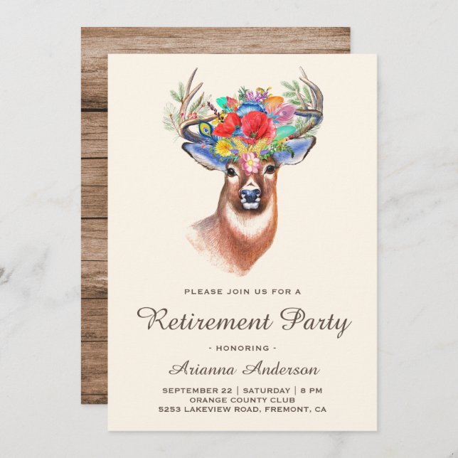 Rustikales Boho Floral Dez Retirement Party Einladung (Vorne/Hinten)