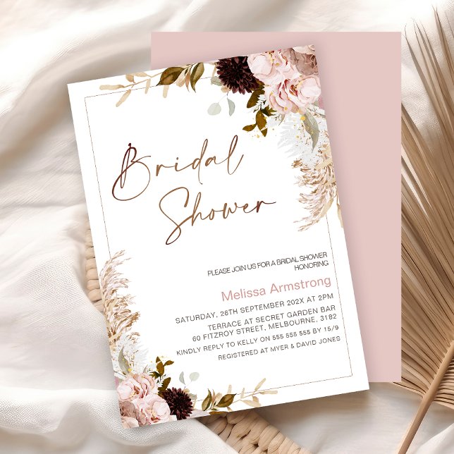 Rustikales Boho Floral mit Pampas Frame Brautparty Einladung (Boho Floral Bridal Shower Invitation, Natural Tones, Blush Bohemian Floral Bridal Shower Invite)