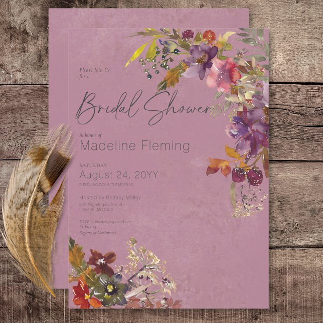 Rustikales Boho Jewel Tone Plum Florals Brautparty Einladung (Rustic Boho Jewel Tone Plum Florals Bridal Shower Invitation)