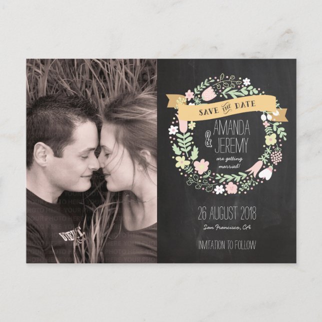 Rustikales Boho-Kreide-Foto Save the Date Ankündigungspostkarte (Vorderseite)