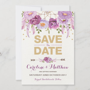 Rustikales Boho lila GoldblumenSave the Date Karte