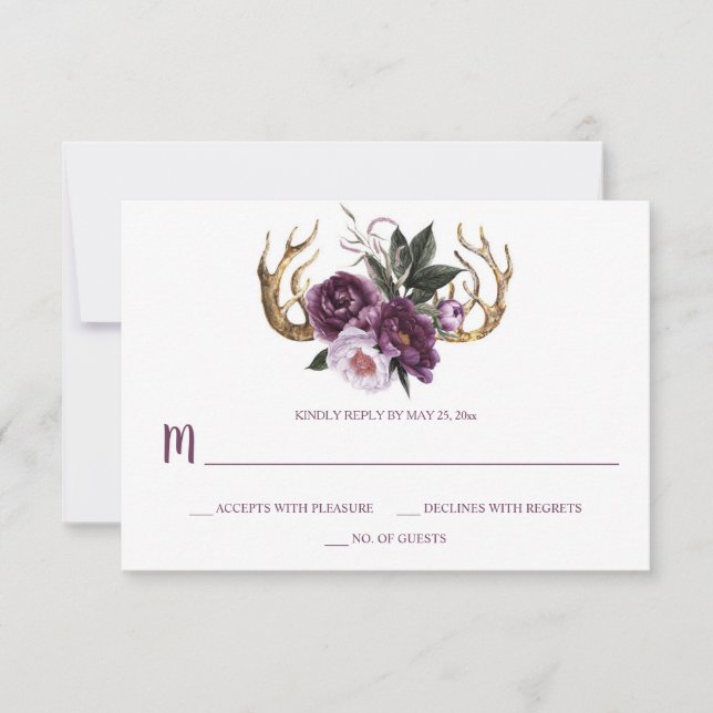 Rustikales Boho Lila Pflaumenrosa Peonies Antlers RSVP Karte (Vorderseite)
