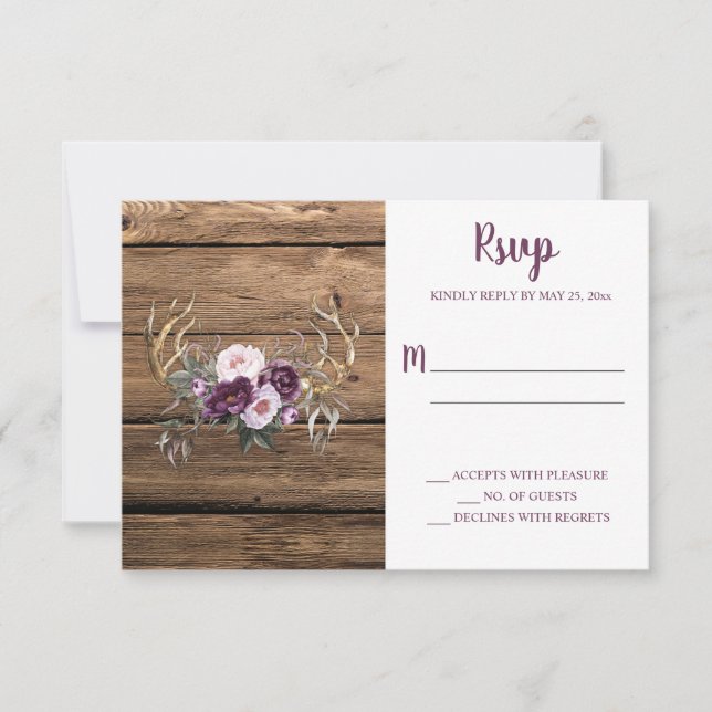 Rustikales Boho Lila Plum Peonies Antlers RSVP Karte (Vorderseite)