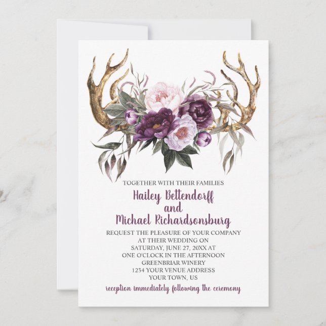 Rustikales Boho Lila Plum Peonies Antlers Wedding Einladung (Vorderseite)