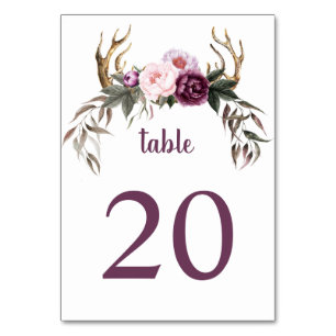 Rustikales Boho Lila Plum Peonies Antlers Wedding Tischnummer