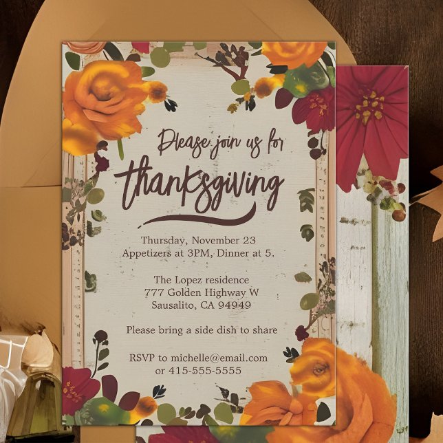 Rustikales Boho Orange Fall Floral Erntedank Dinne Einladung (Boho floral border Thanksgiving dinner party invitation with orange roses)