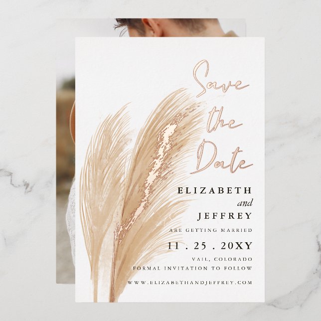 Rustikales Boho Pampas Foto Save the Date Foil Inv Folieneinladung (Vorderseite/Rückseite)