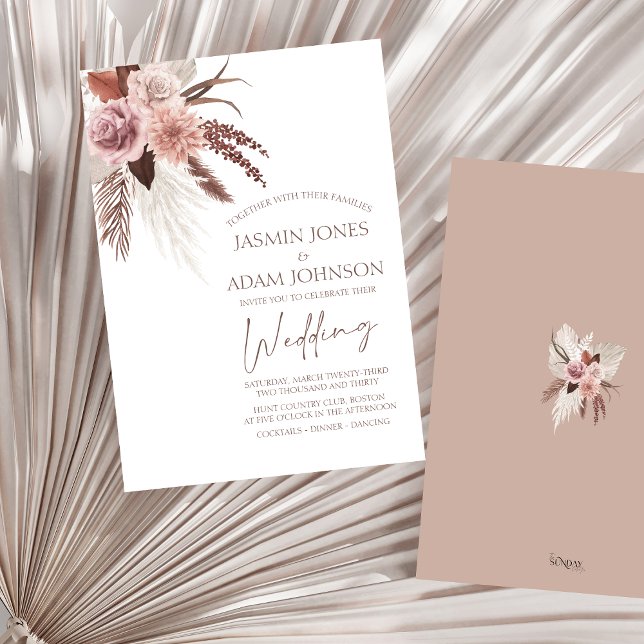 Rustikales Boho Pampas Gras Getrocknete Blume Hoch Einladung (Boho Dusty Pink Dried Flowers Pampas Grass Wedding Invitation)