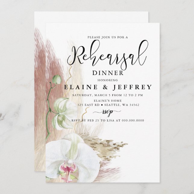 Rustikales Boho Pampas Grass Orchid Probe Dinner Einladung (Vorne/Hinten)