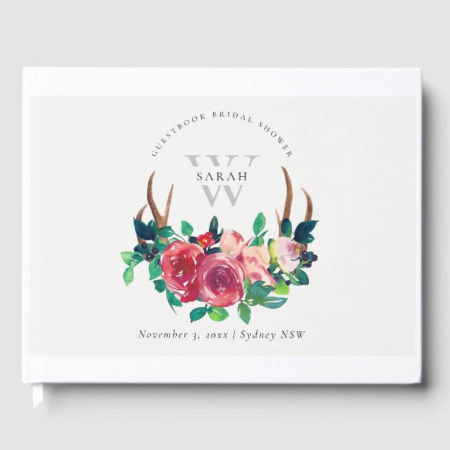Rustikales Boho Red Floral Stag Antlers Brautparty Gästebuch (Vorderseite)