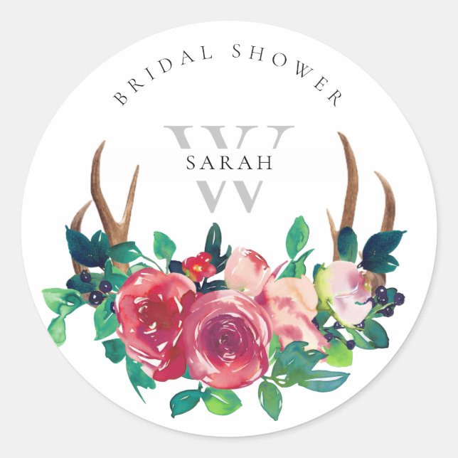 Rustikales Boho Red Floral Stag Antlers Brautparty Runder Aufkleber (Vorderseite)