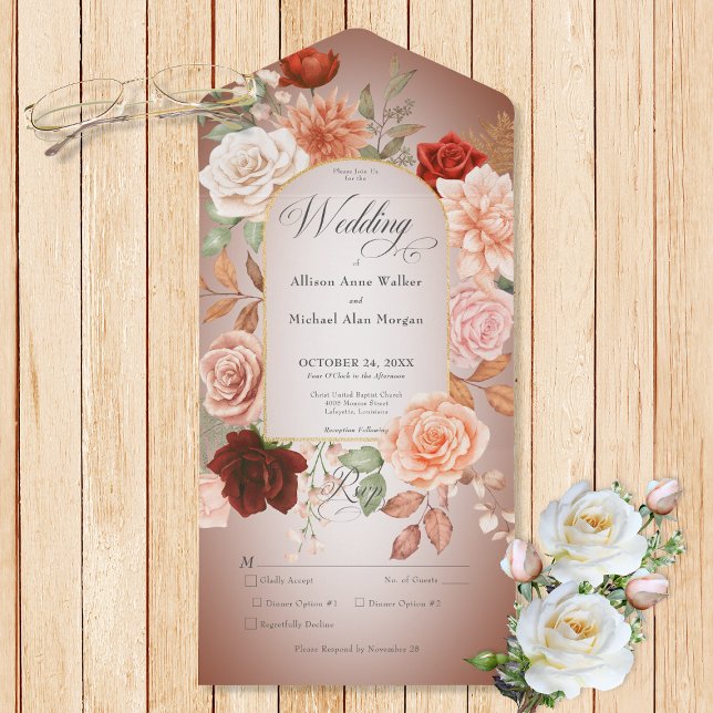 Rustikales Boho Rust & Peach Floral Arch Rostdüste All In One Einladung (Also available with a QR code or without dinner selection options.)