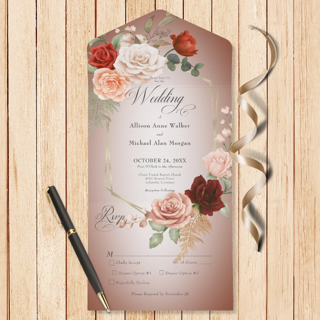 Rustikales Boho Rust & Peach Floral Frame Rost Abe All In One Einladung (Also available with a QR code or without dinner selection options.)