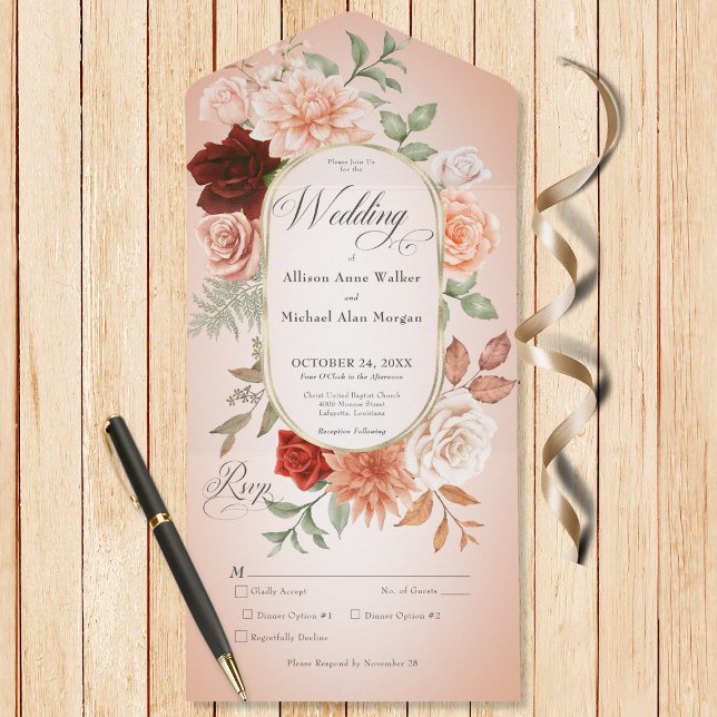 Rustikales Boho Rust & Peach Oval Blush Abendessen All In One Einladung (Also available with a QR code or without dinner selection options.)