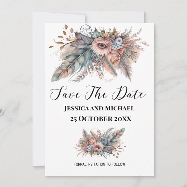Rustikales Boho Silver & Pink Floral Save The Date (Vorderseite)