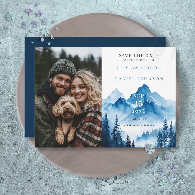Rustikales Boho Watercolor Mountain Foto Hochzeit Save The Date (Rustic Boho Watercolor Mountain Photo Wedding Save The Date)