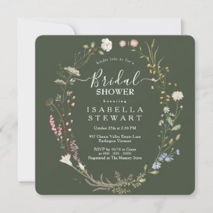 Rustikales Boho Wildblume Forest Green Brautparty Einladung