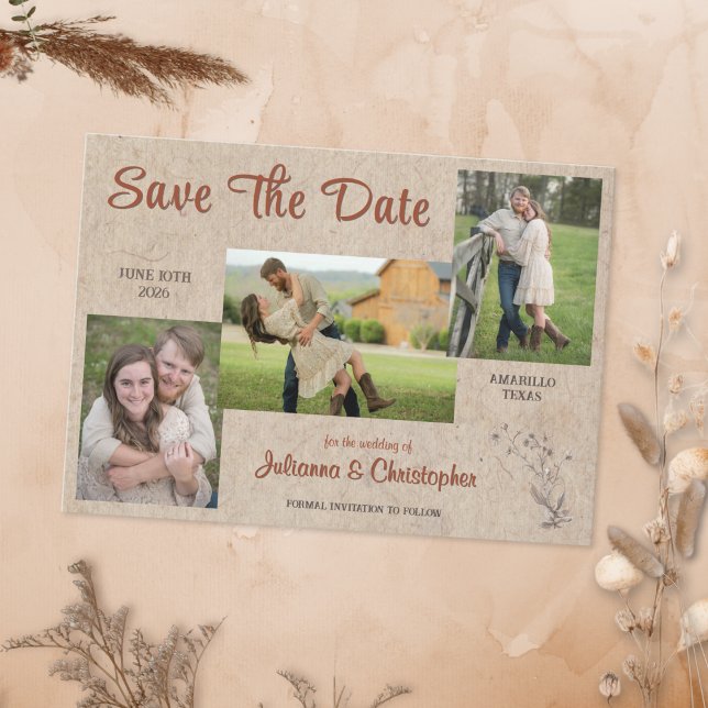 Rustikales Boho Wildblumen 3 Foto Terracotta Kraft Save The Date (Von Creator hochgeladen)